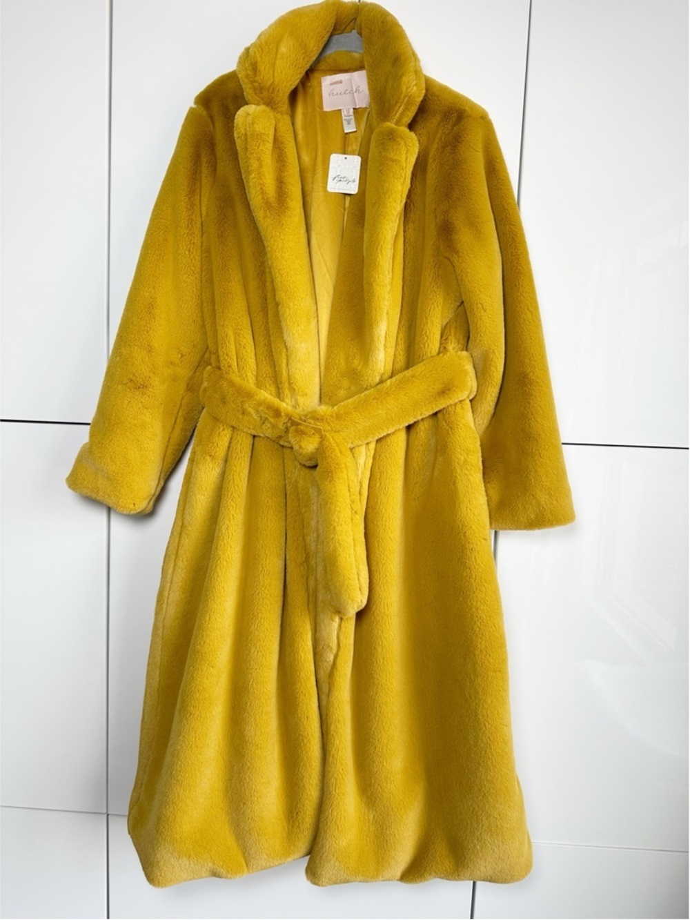 NEW HUTCH Womens Sunny Faux Fur Long Coat Size S Gold Yellow Anthropologie Glam